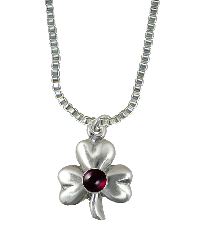 Sterling Silver Lucky Shamrock Pendant With Garnet